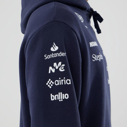 The model is wearing this Replica Atlassian Williams F1 Team Pullover Hoodie in navy. 4
