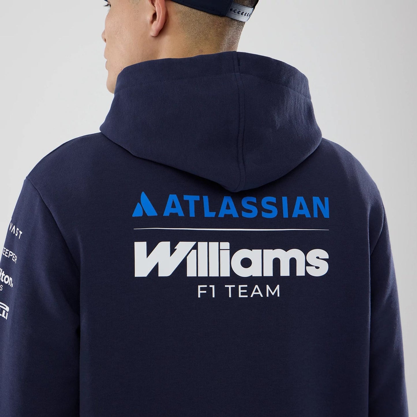 The model is wearing this Replica Atlassian Williams F1 Team Pullover Hoodie in navy. 7