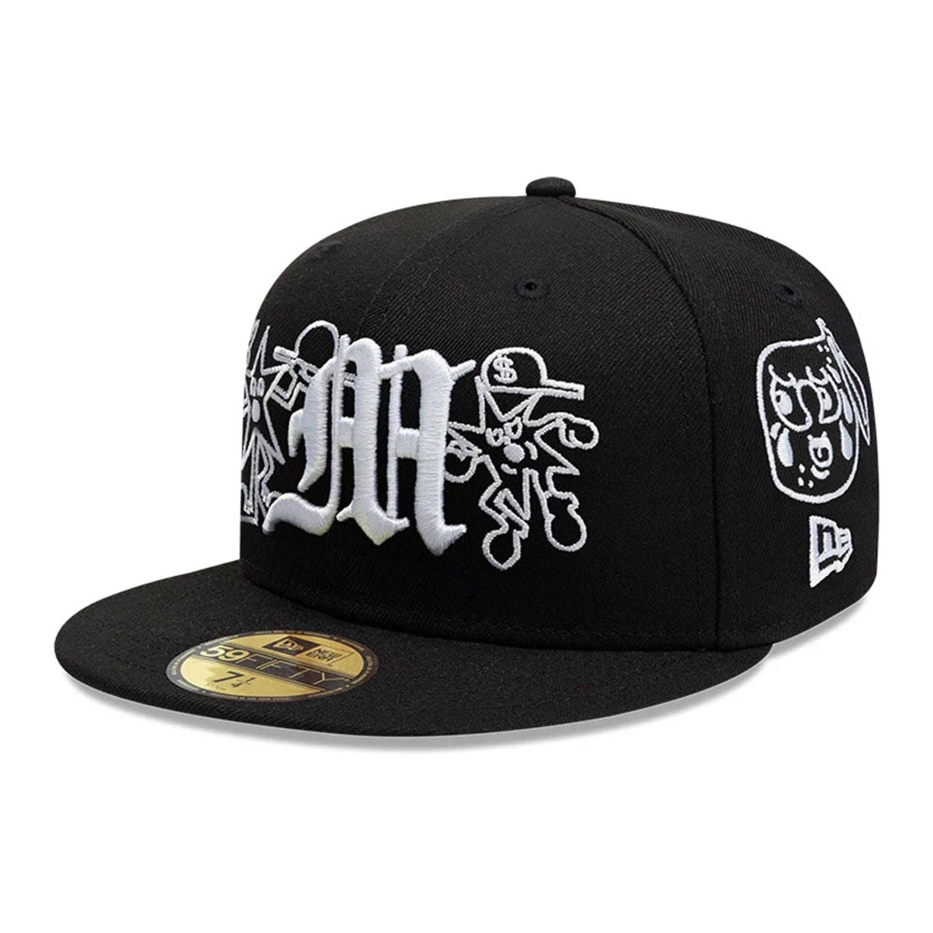 Pictured is this New Era X Mora All Over Characters 59FIFTY Fitted cap in black. 1