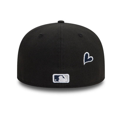 New York Yankees MLB Heart Icon Black New Era 59FIFTY Fitted Cap, rear view showing the white embroidered MLB Batterman logo at the centre of the back panels and a small white heart icon on the left side of the black crown.