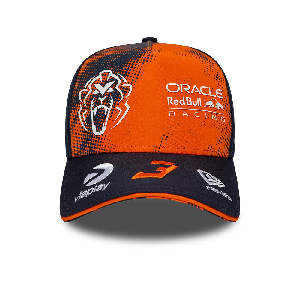 Red Bull Racing Max Verstappen Dark Blue New Era 9FORTY A-Frame Adjustable Cap, front view showing an orange crown with a graphic of a roaring lion and white Oracle Red Bull Racing text, a dark blue visor with embroidered orange number 33.