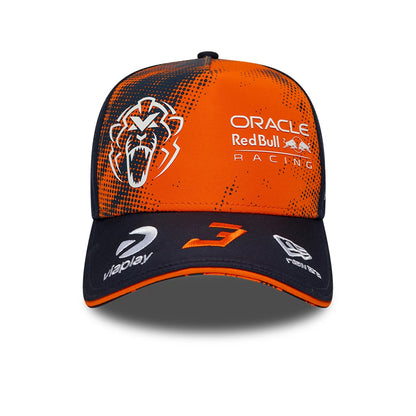Red Bull Racing Max Verstappen Dark Blue New Era 9FORTY A-Frame Adjustable Cap, front view showing an orange crown with a graphic of a roaring lion and white Oracle Red Bull Racing text, a dark blue visor with embroidered orange number 33.