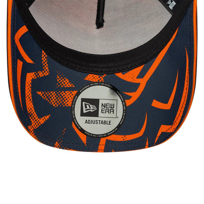Red Bull Racing Max Verstappen Dark Blue New Era 9FORTY A-Frame Adjustable Cap, inside view showing the black sweatband, grey undervisor with an orange graphic design, and the New Era adjustable sticker centred on the underside of the visor.