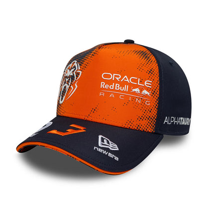 Red Bull Racing Max Verstappen Dark Blue New Era 9FORTY A-Frame Adjustable Cap, three-quarter view showing a orange front panel with printed Oracle Red Bull Racing logo, dark blue visor with the number 33, and a white New Era flag logo.