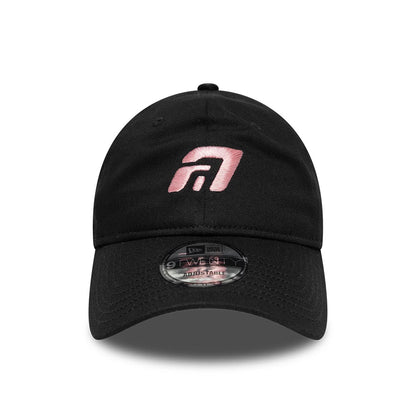 Williams Alex Albon Black New Era 9TWENTY Adjustable Cap, front view showing a rose pink embroidered A logo on the unstructured black crown, pre-curved black visor, and the 9TWENTY size sticker placed on the centre of the visor.