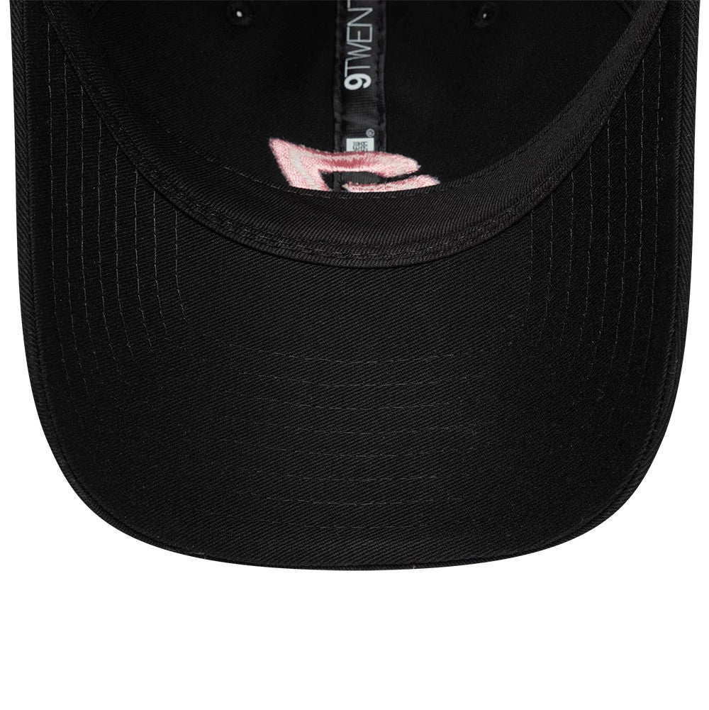Williams Alex Albon Black New Era 9TWENTY Adjustable Cap, inside view showing the black undervisor with a pink embroidered detail on the front panel interior, and the cap's internal New Era branded taping.