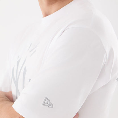 New Era New York Yankees MLB 59FIFTY Day Graphic White T-Shirt, three-quarter view showing part of the grey New York Yankees logo on the chest and a small embroidered New Era logo near the sleeve hem on the white fabric.