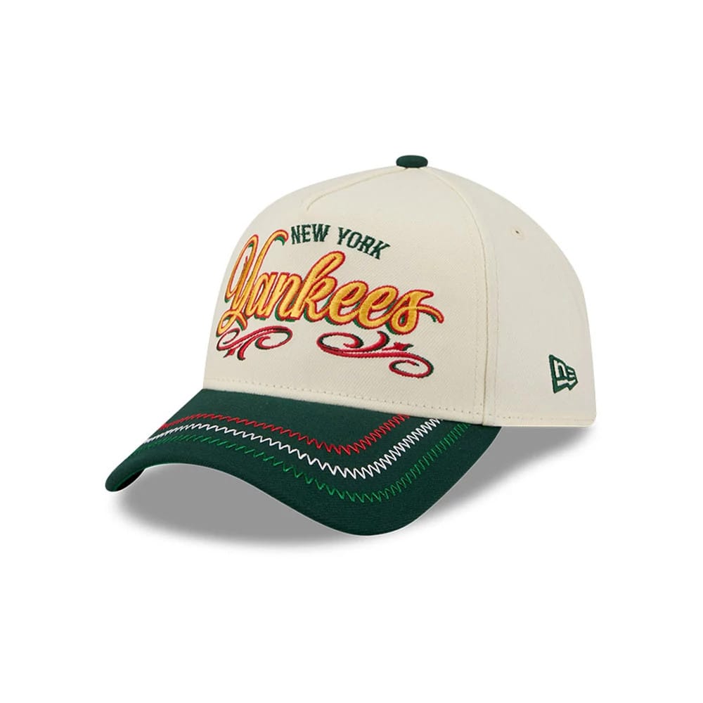 Pictured is this MLB Cinco De Mayo New York Yankees 9FORTY A-Frame Adjustable cap in cream & green. 1