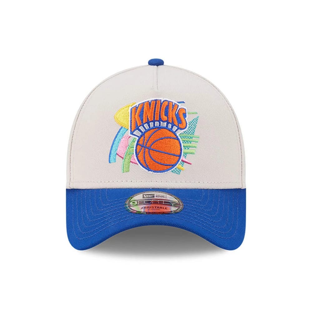 Pictured is this NBA Hardwood Classic New York Knicks 9FORTY A-Frame Adjustable cap in light beige. 3