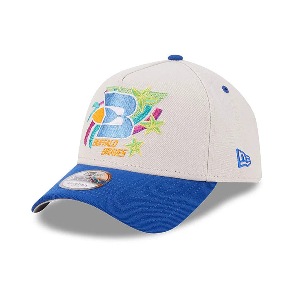 Pictured is this NBA Hardwood Classic Buffalo Braves 9FORTY A-Frame Adjustable cap in light beige & blue. 4
