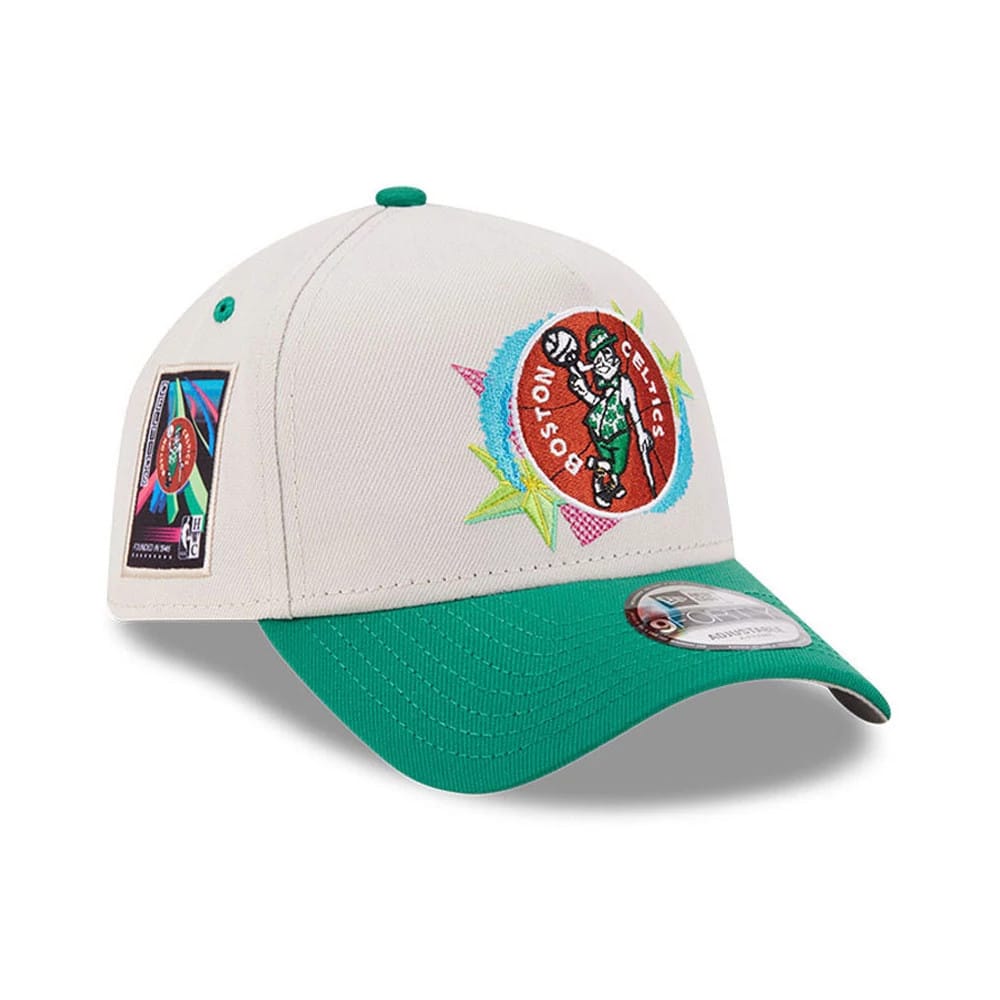Pictured is this NBA Hardwood Classic Boston Celtics 9FORTY A-Frame Adjustable cap in light beige & green. 1