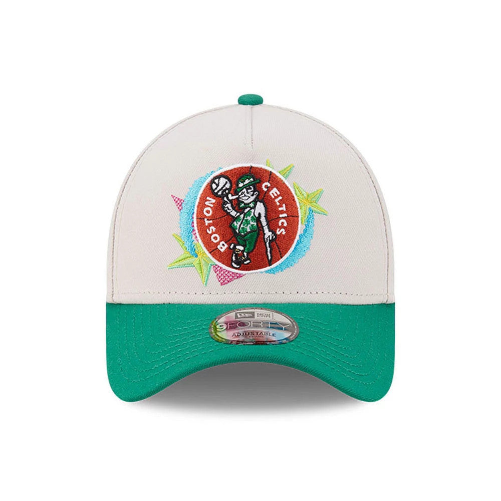 Pictured is this NBA Hardwood Classic Boston Celtics 9FORTY A-Frame Adjustable cap in light beige & green. 3
