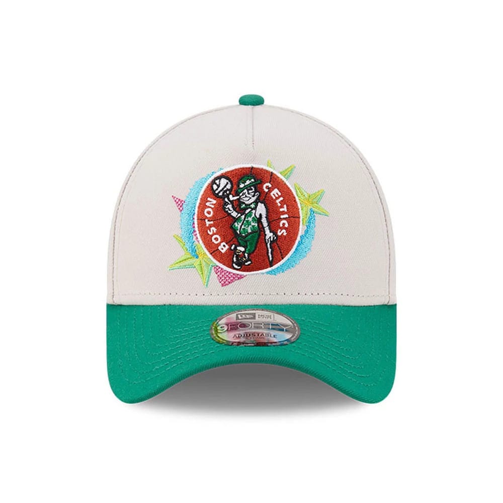 Pictured is this NBA Hardwood Classic Boston Celtics 9FORTY A-Frame Adjustable cap in light beige. 3