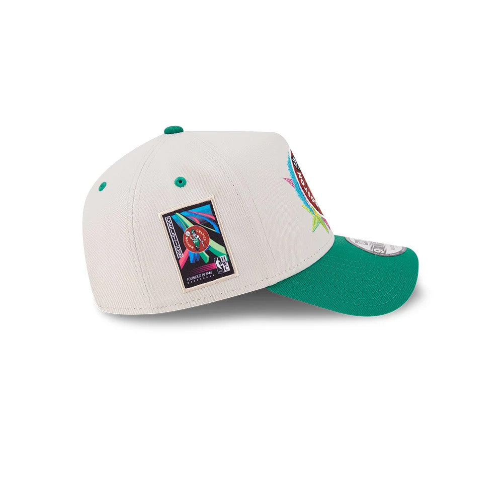 Pictured is this NBA Hardwood Classic Boston Celtics 9FORTY A-Frame Adjustable cap in light beige & green. 5