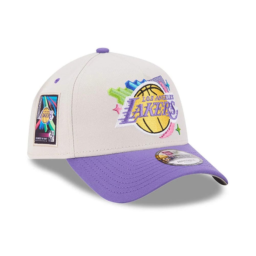 Pictured is this NBA Hardwood Classic LA Lakers 9FORTY A-Frame Adjustable cap in light beige & purple. 1