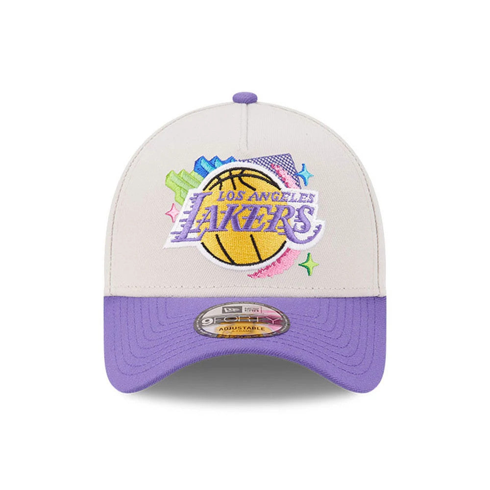 Pictured is this NBA Hardwood Classic LA Lakers 9FORTY A-Frame Adjustable cap in light beige & purple. 3