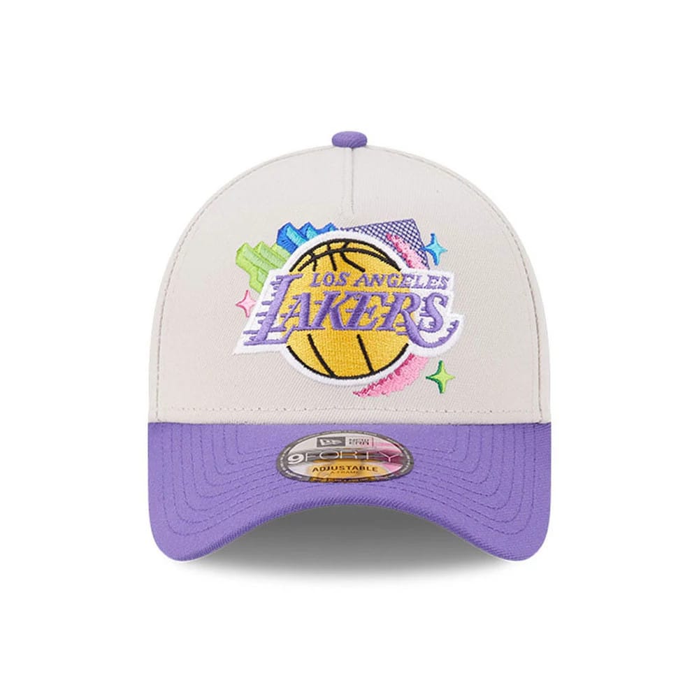 Pictured is this NBA Hardwood Classic LA Lakers 9FORTY A-Frame Adjustable cap in light beige. 3