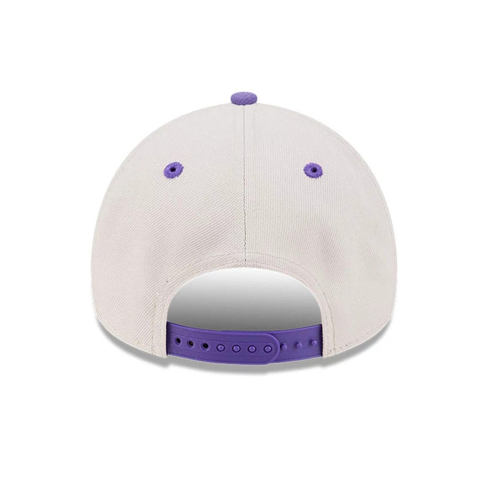 Pictured is this NBA Hardwood Classic LA Lakers 9FORTY A-Frame Adjustable cap in light beige. 7