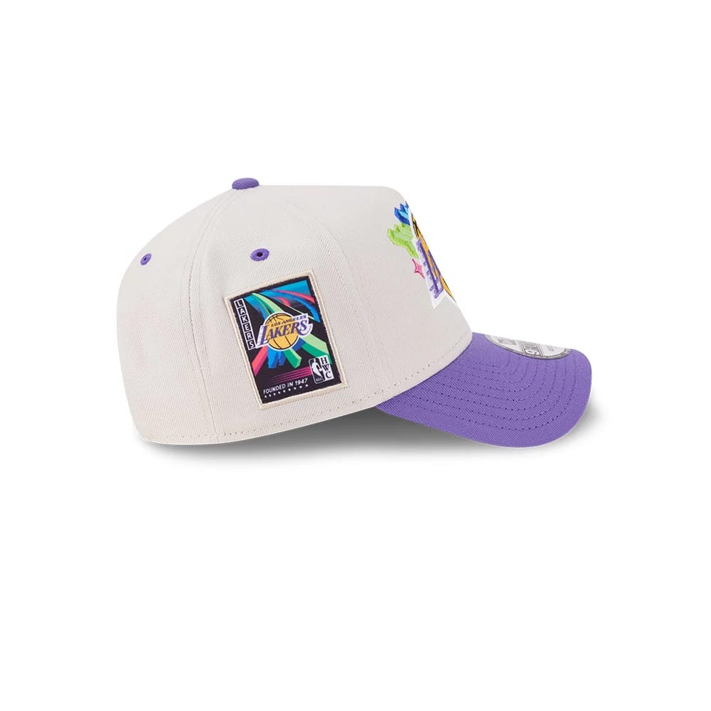 Pictured is this NBA Hardwood Classic LA Lakers 9FORTY A-Frame Adjustable cap in light beige. 5