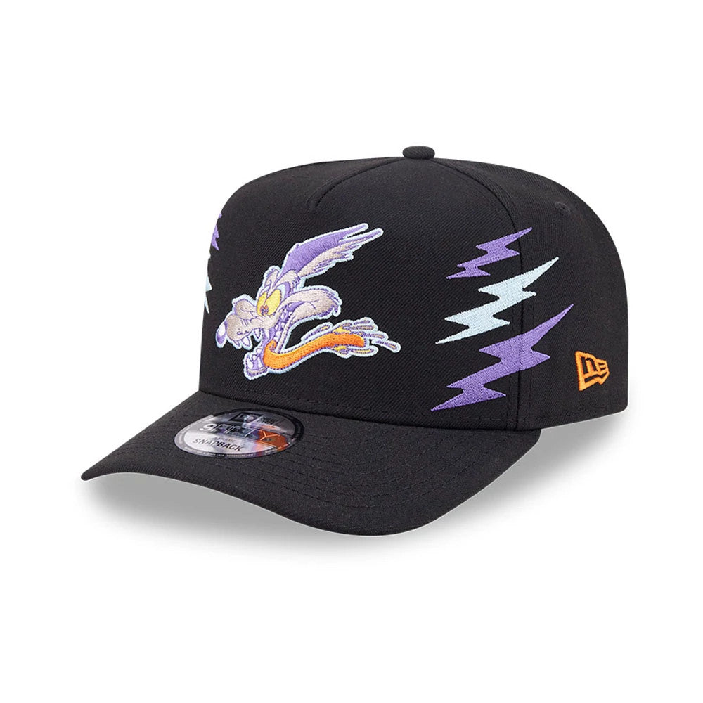 Pictured is this Looney Tunes Wile E Coyote 9FIFTY A-Frame Snapback Adjustable cap in black. 1