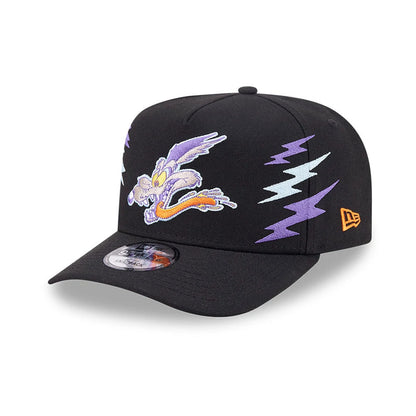 Pictured is this Looney Tunes Wile E Coyote 9FIFTY A-Frame Snapback Adjustable cap in black. 1