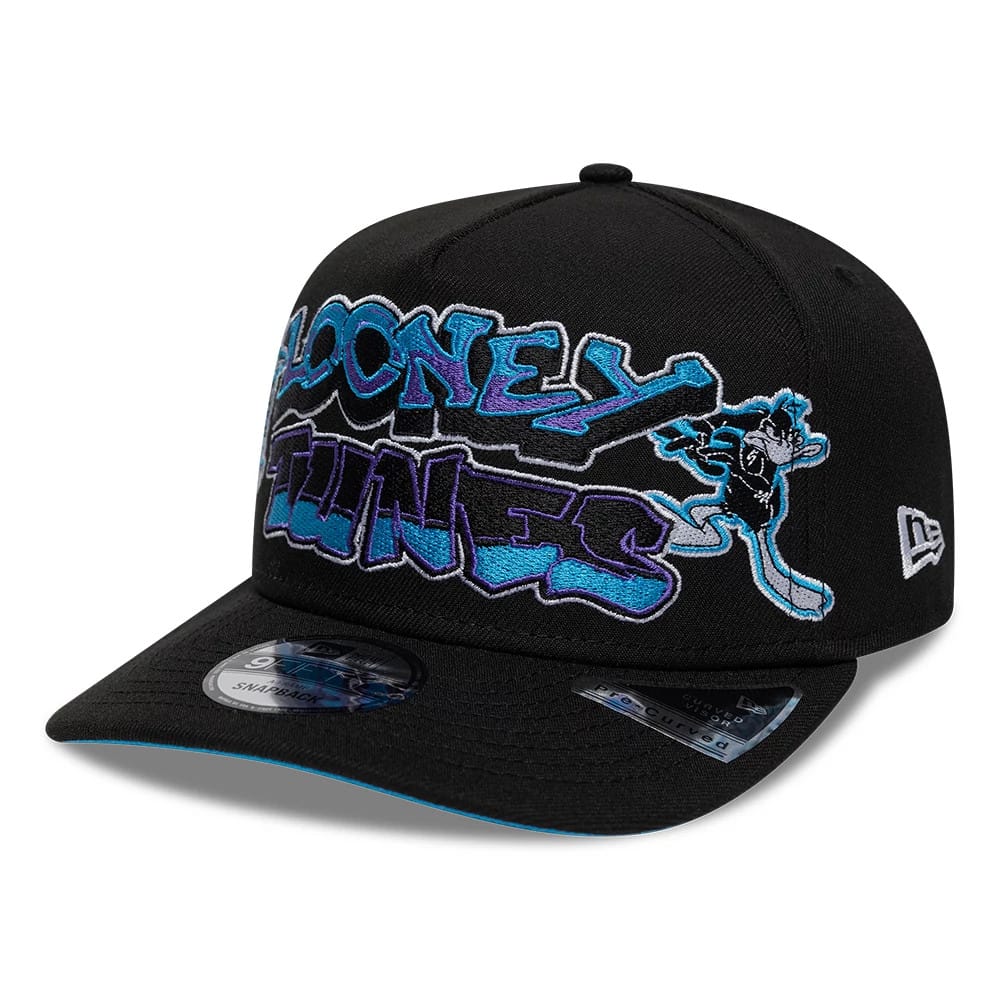 Pictured is this Looney Tunes Multi Character 9FIFTY A-Frame Snapback Adjustable cap in black. 1