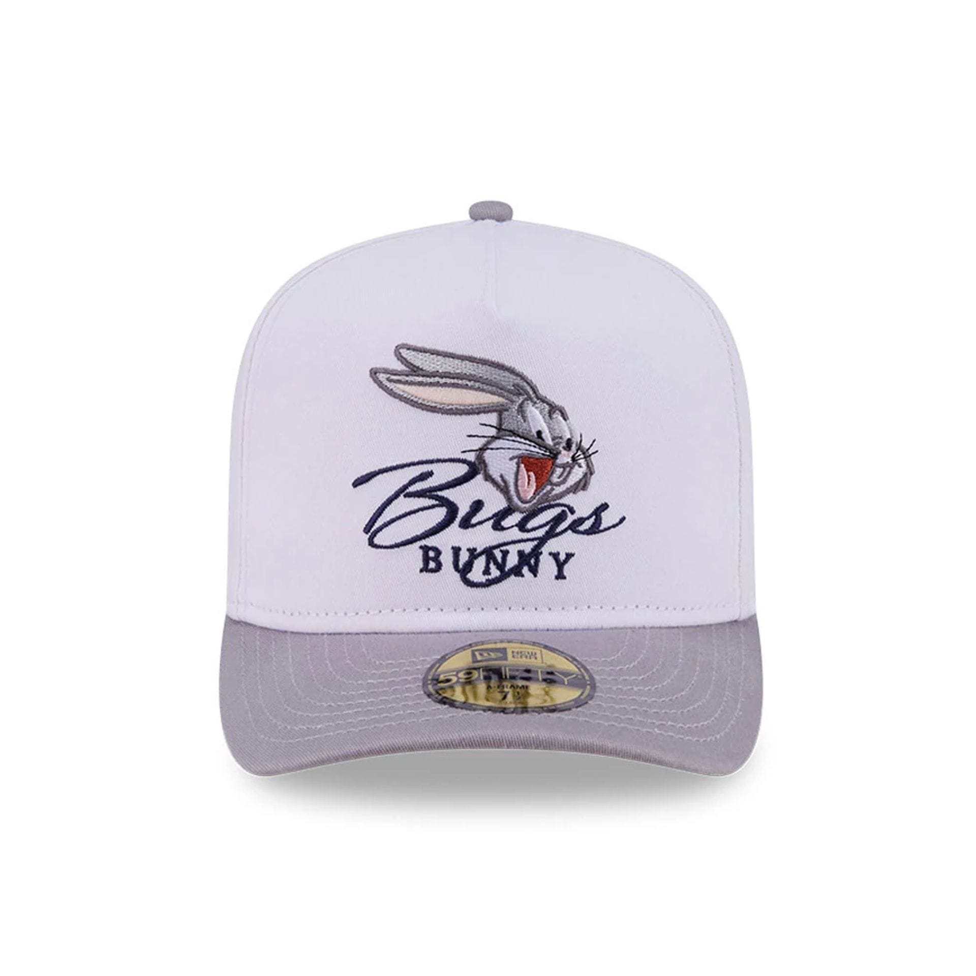 Pictured is this Looney Tunes Bugs Bunny Script 59FIFTY A-Frame Fitted cap in white. 3