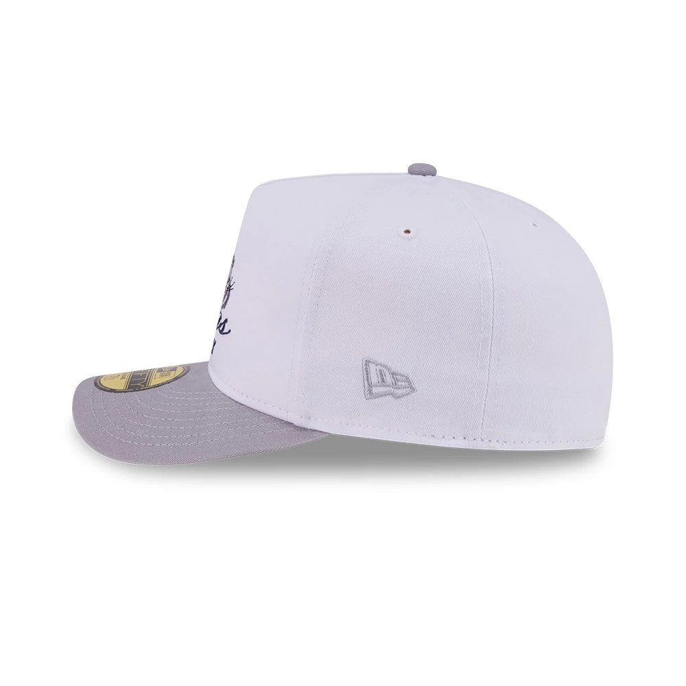 Pictured is this Looney Tunes Bugs Bunny Script 59FIFTY A-Frame Fitted cap in white & grey. 6