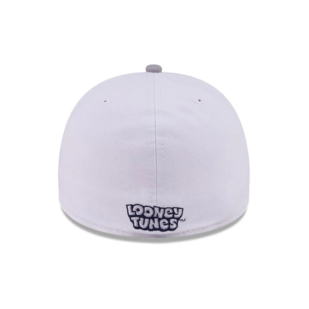 Pictured is this Looney Tunes Bugs Bunny Script 59FIFTY A-Frame Fitted cap in white & grey. 7