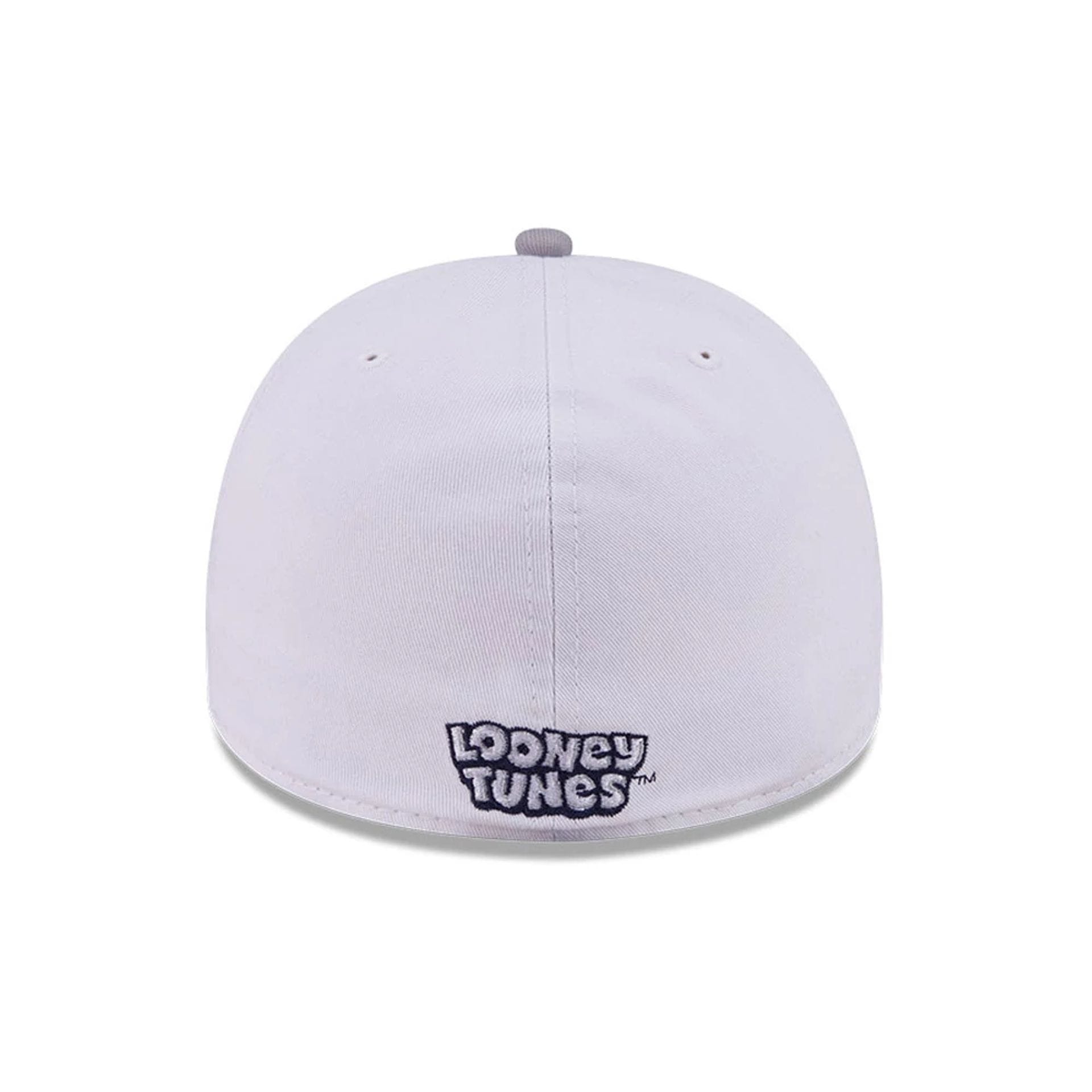 Pictured is this Looney Tunes Bugs Bunny Script 59FIFTY A-Frame Fitted cap in white. 7