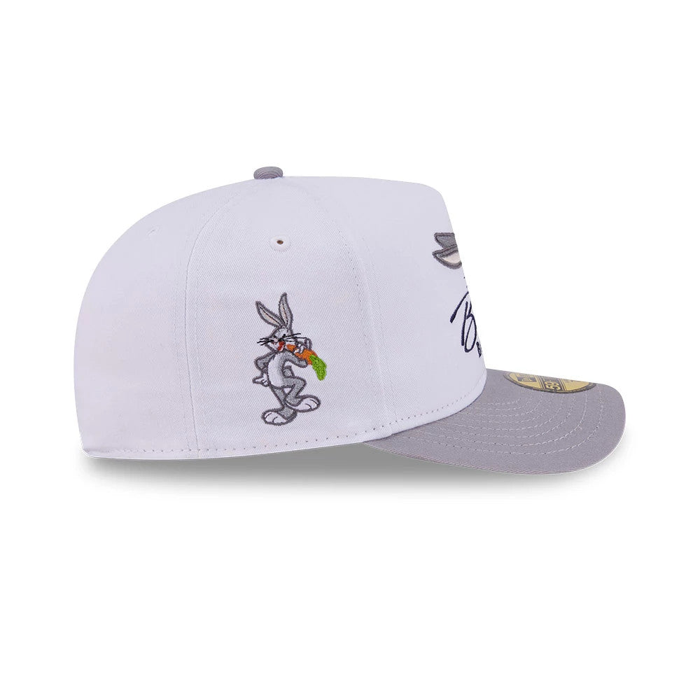 Pictured is this Looney Tunes Bugs Bunny Script 59FIFTY A-Frame Fitted cap in white & grey. 5