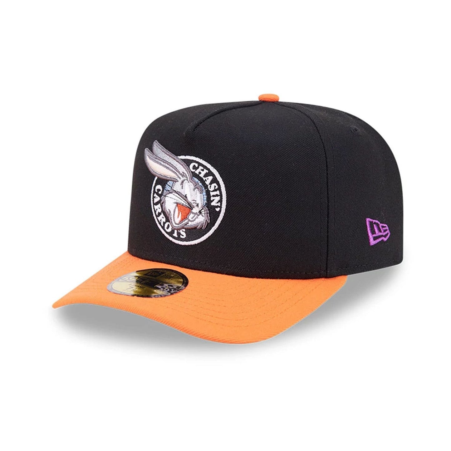 Pictured is this Looney Tunes Chasin Carrots Bugs Bunny 59FIFTY A-Frame Fitted cap in black. 4
