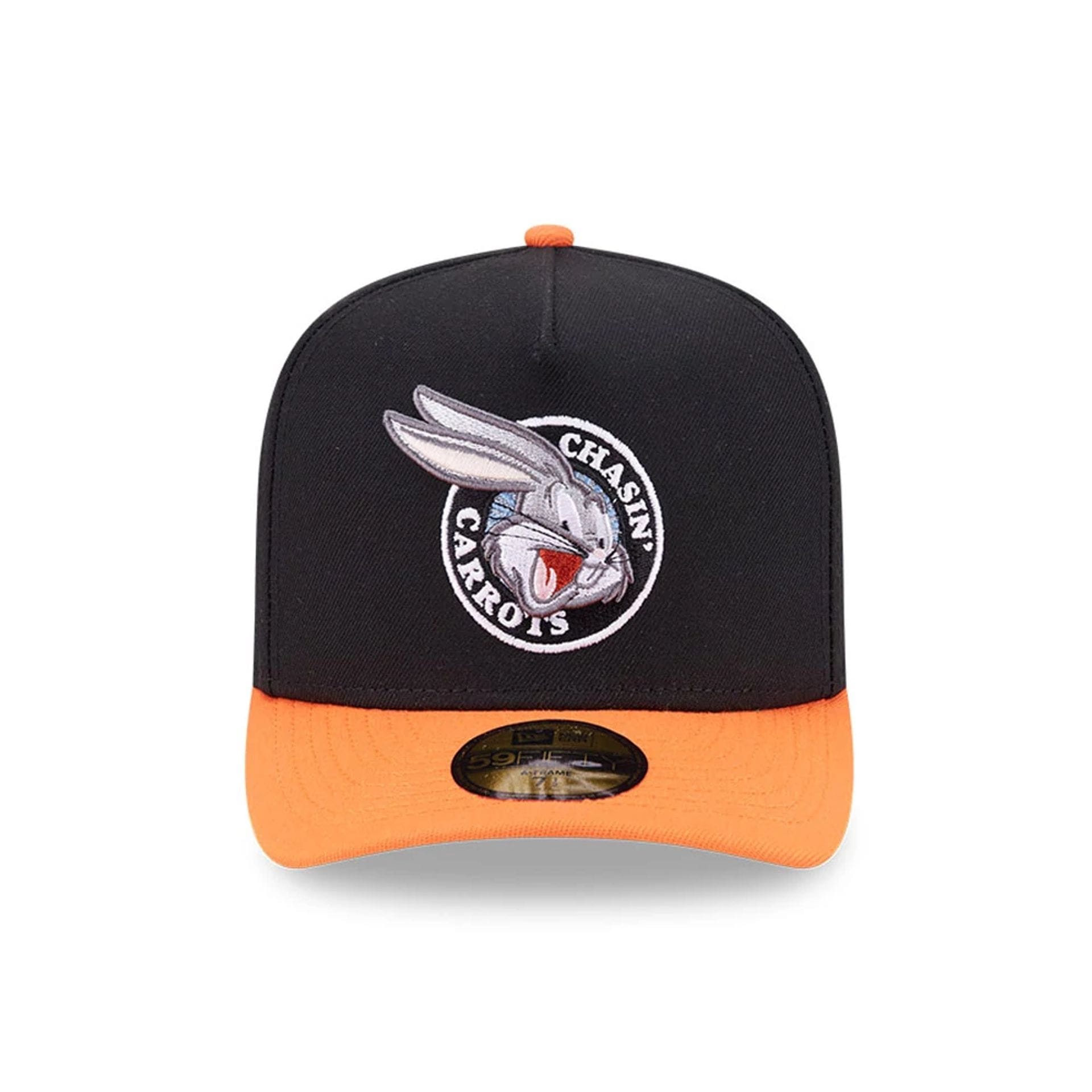 Pictured is this Looney Tunes Chasin Carrots Bugs Bunny 59FIFTY A-Frame Fitted cap in black. 3