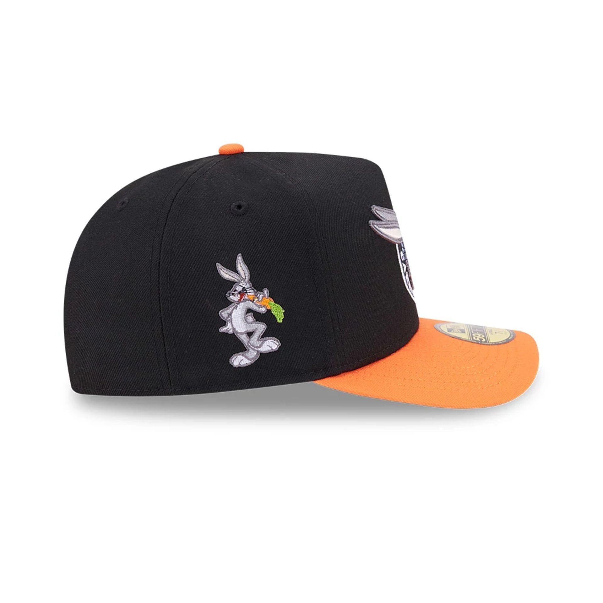 Pictured is this Looney Tunes Chasin Carrots Bugs Bunny 59FIFTY A-Frame Fitted cap in black. 5