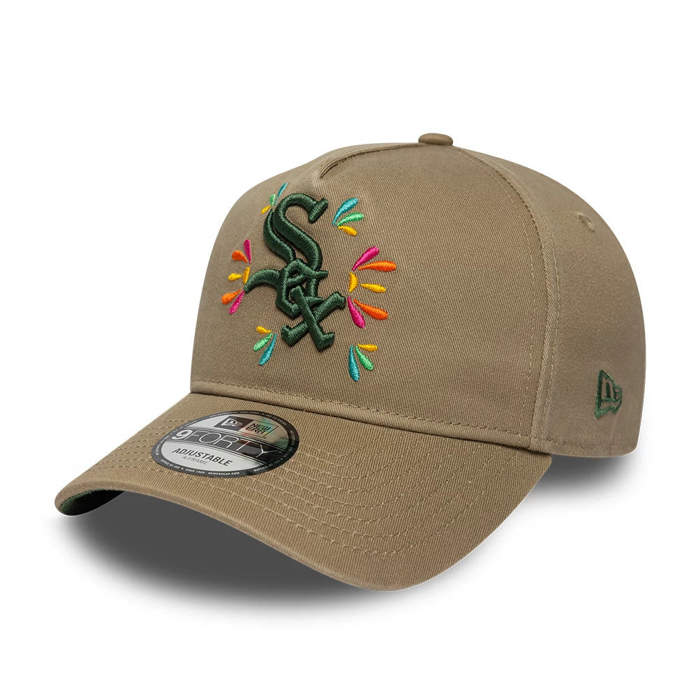 Chicago White Sox MLB Vibrant Festivities Beige New Era 9FORTY A-Frame Adjustable Cap, three-quarter view showing the multicoloured embroidered floral pattern around the dark green Sox logo on the front panel, with a black 9FORTY size sticker.