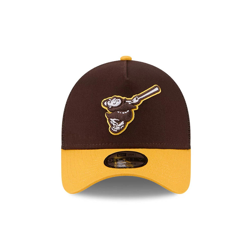 Pictured is this MLB X Anchorman Whammy San Diego Padres 9FORTY A-Frame Trucker Adjustable cap in dark brown. 3