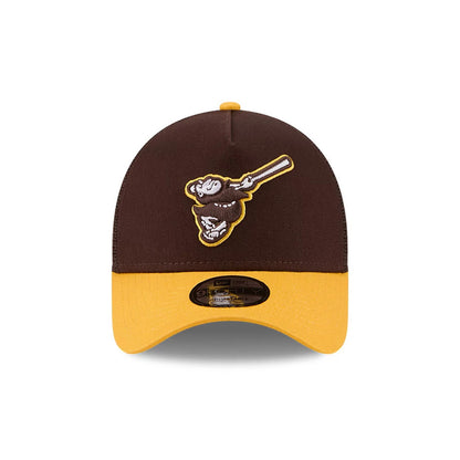 Pictured is this MLB X Anchorman Whammy San Diego Padres 9FORTY A-Frame Trucker Adjustable cap in dark brown. 3