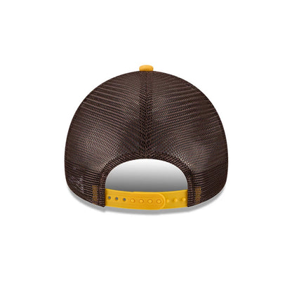 Pictured is this MLB X Anchorman Whammy San Diego Padres 9FORTY A-Frame Trucker Adjustable cap in dark brown. 5