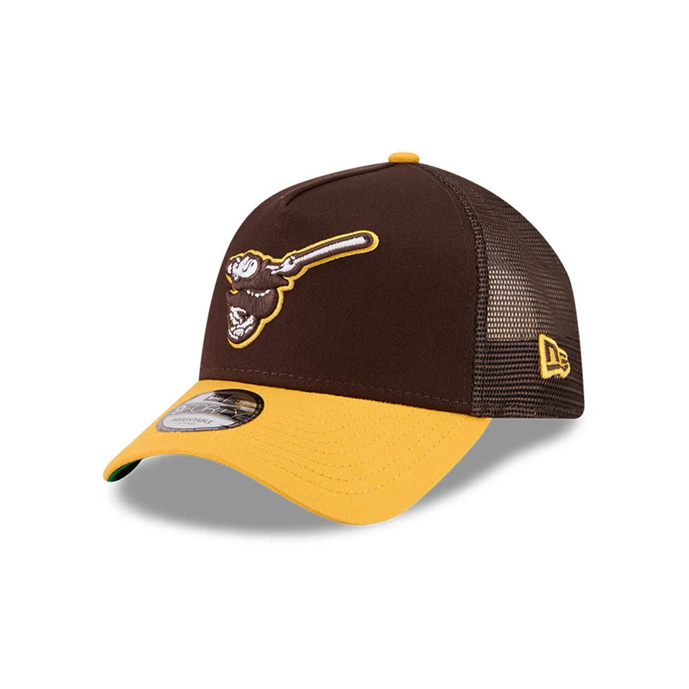 Pictured is this MLB X Anchorman Whammy San Diego Padres 9FORTY A-Frame Trucker Adjustable cap in dark brown. 4