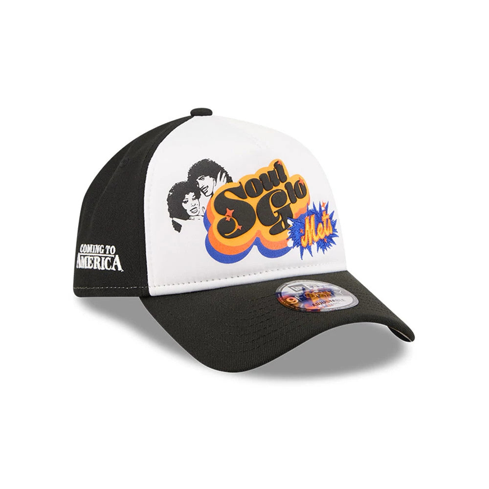 Pictured is this MLB X Coming To America Soul Glo New York Mets 9FORTY A-Frame Adjustable cap in white. 1