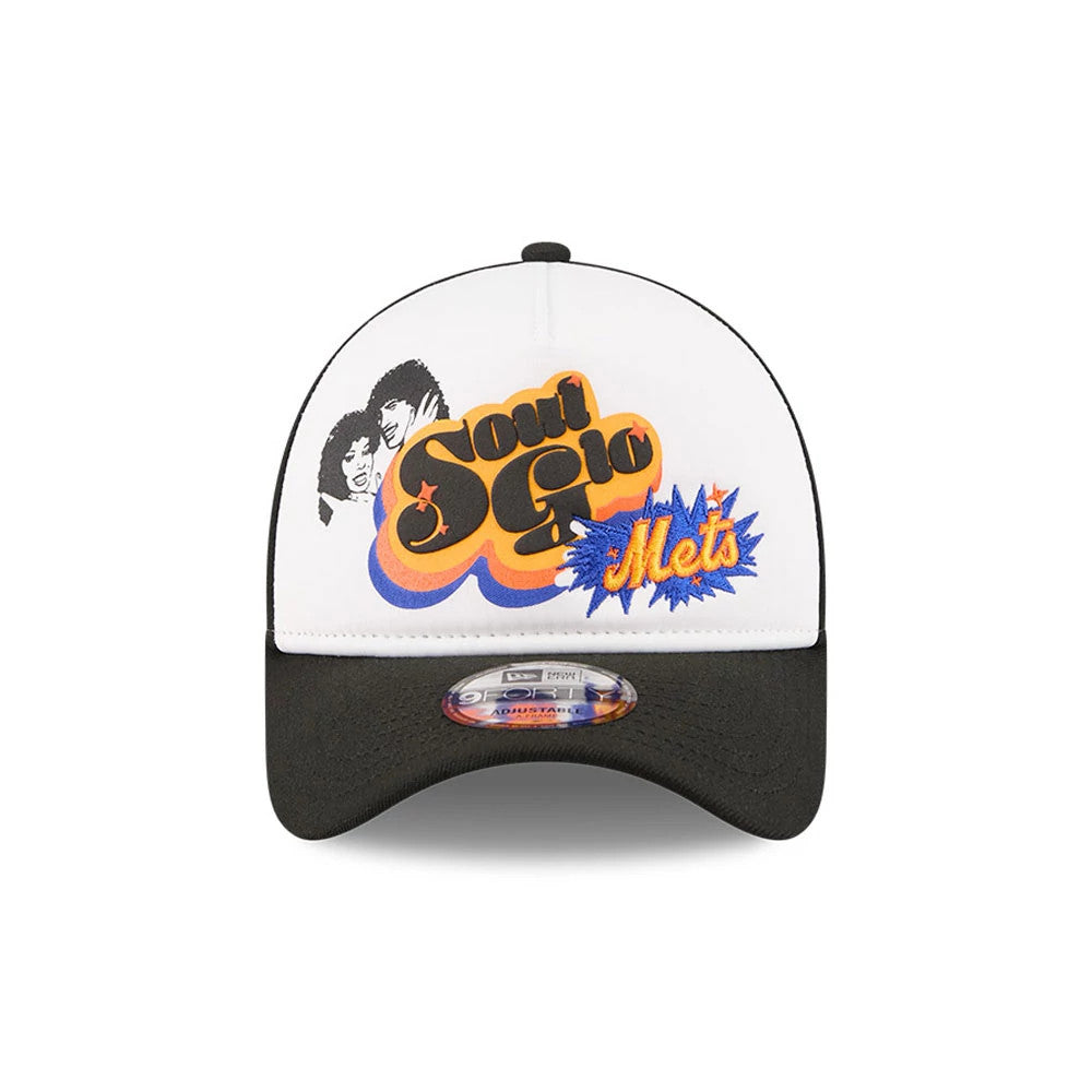 Pictured is this MLB X Coming To America Soul Glo New York Mets 9FORTY A-Frame Adjustable cap in white. 3