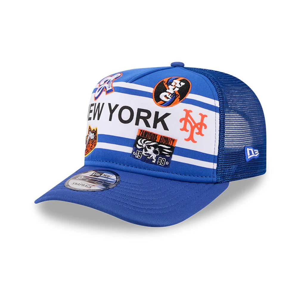 Pictured is this MLB X Coming To America New York Mets 9FIFTY A-Frame Snapback Adjustable cap in blue. 1