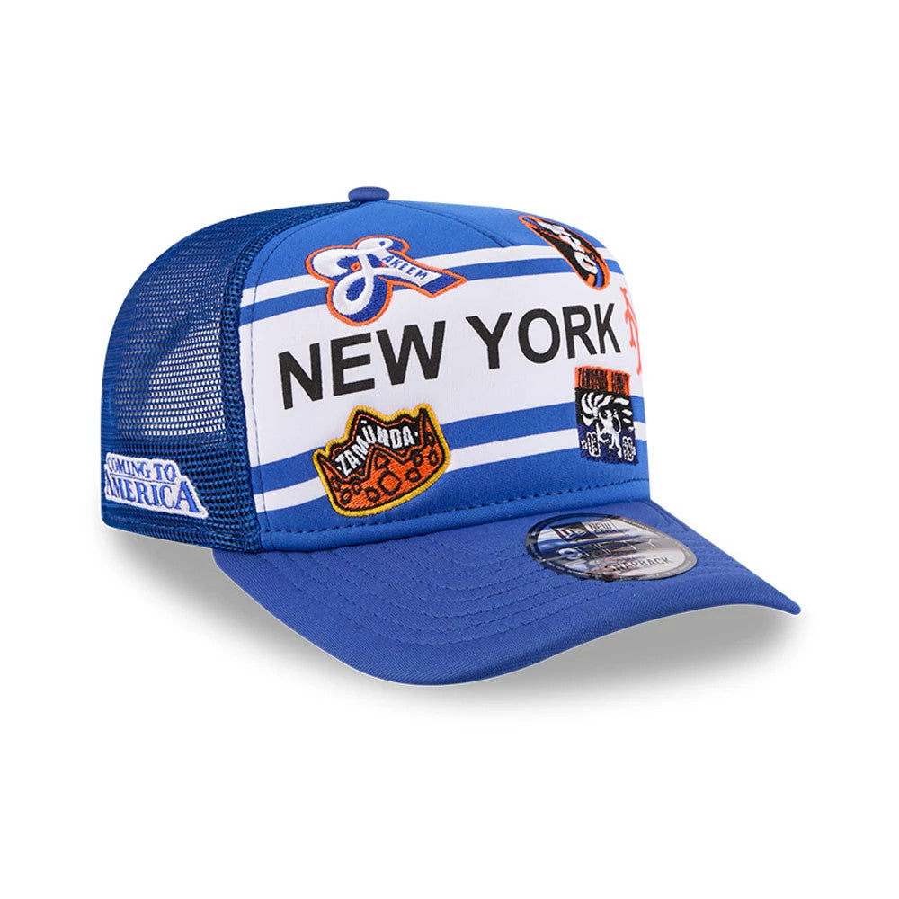 Pictured is this MLB X Coming To America New York Mets 9FIFTY A-Frame Snapback Adjustable cap in blue. 4