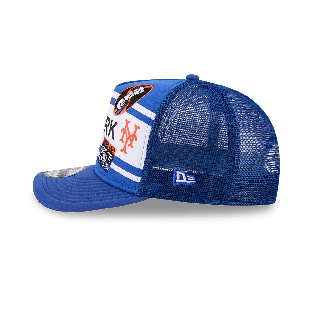 Pictured is this MLB X Coming To America New York Mets 9FIFTY A-Frame Snapback Adjustable cap in blue. 6