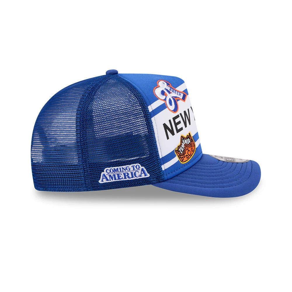 Pictured is this MLB X Coming To America New York Mets 9FIFTY A-Frame Snapback Adjustable cap in blue. 5