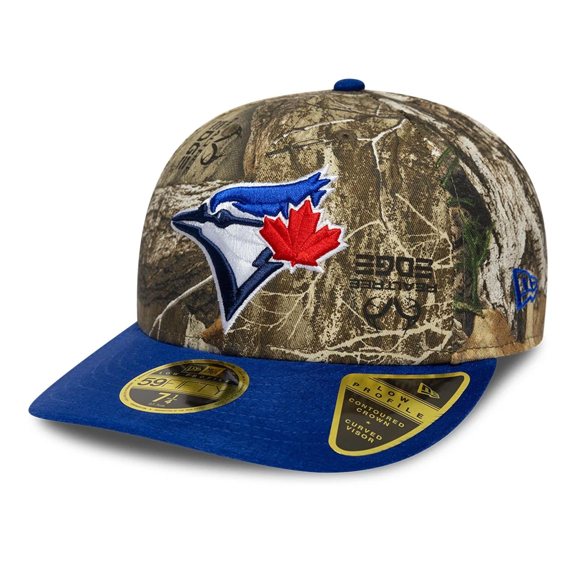 Pictured is this MLB Realtree Toronto Blue Jays Low Profile 59FIFTY Fitted cap in assorted print. 1