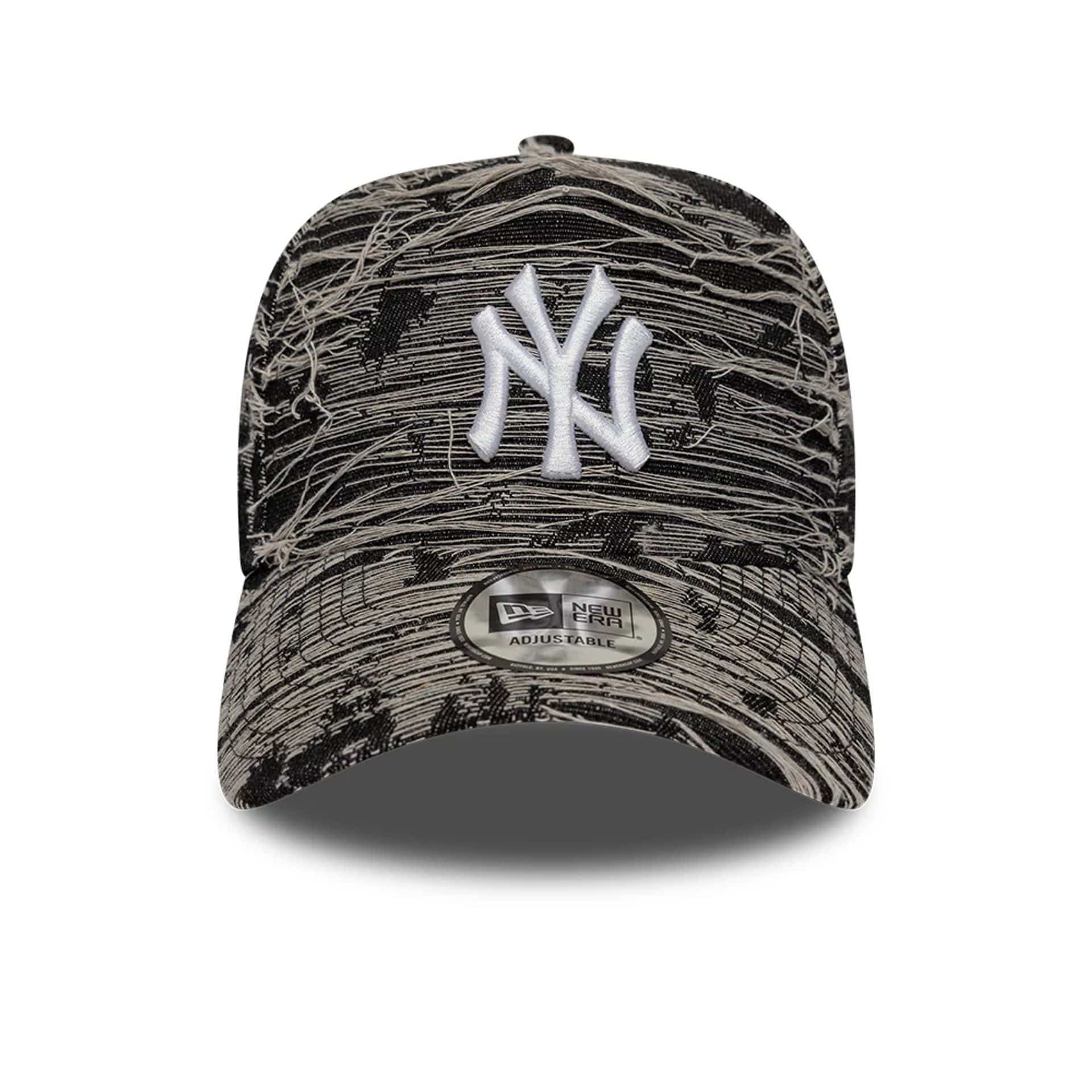 Pictured is this MLB Distressed Denim New York Yankees 9FORTY E-Frame Adjustable cap in black. 2