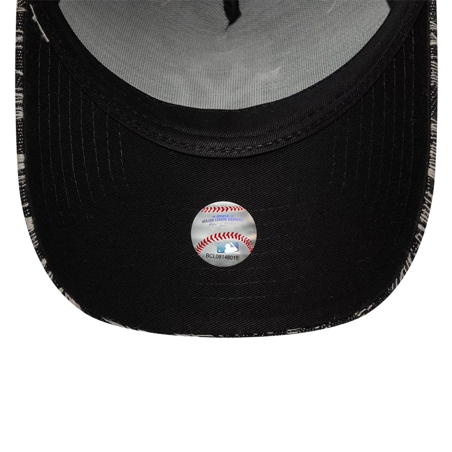Pictured is this MLB Distressed Denim New York Yankees 9FORTY E-Frame Adjustable cap in black. 7