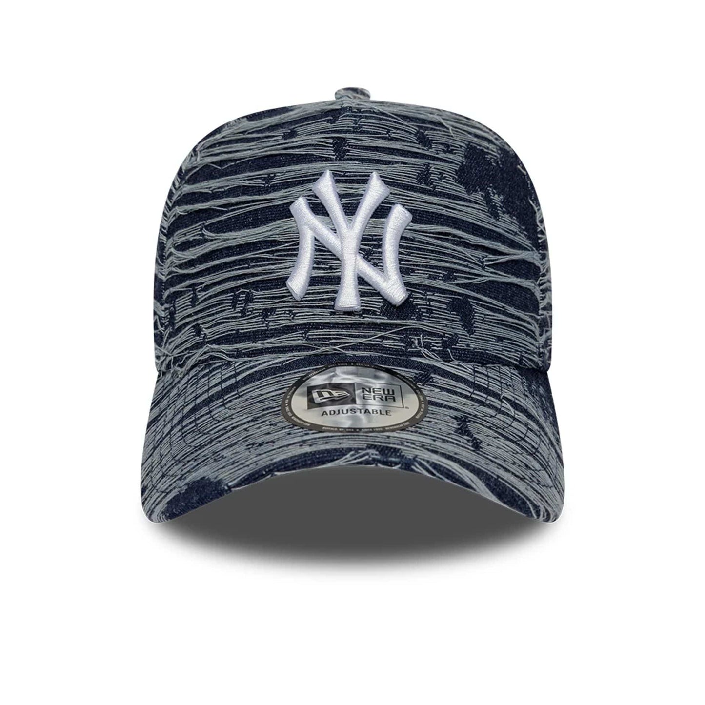 Pictured is this MLB Distressed Denim New York Yankees 9FORTY E-Frame Adjustable cap in navy. 2