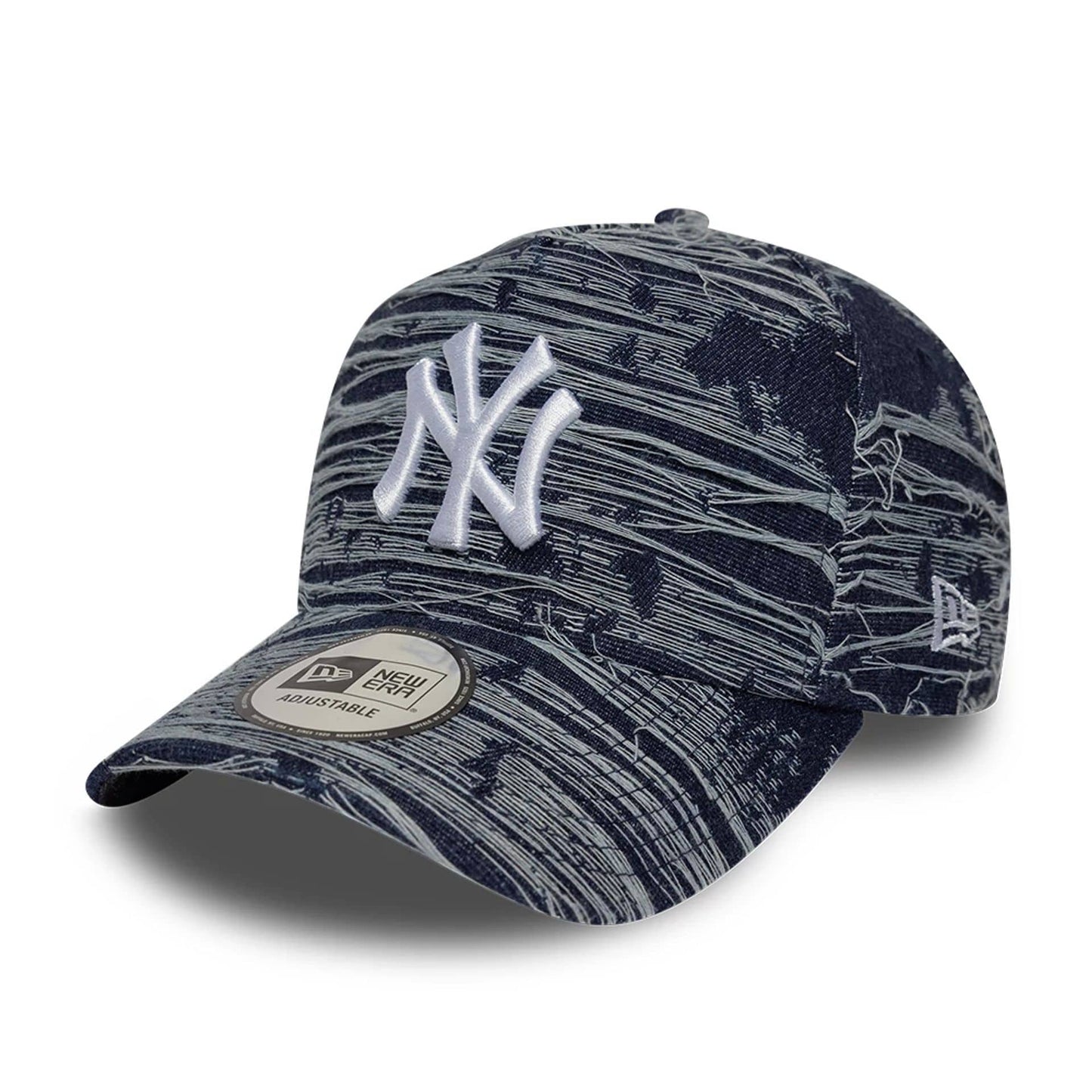 Pictured is this MLB Distressed Denim New York Yankees 9FORTY E-Frame Adjustable cap in navy. 1